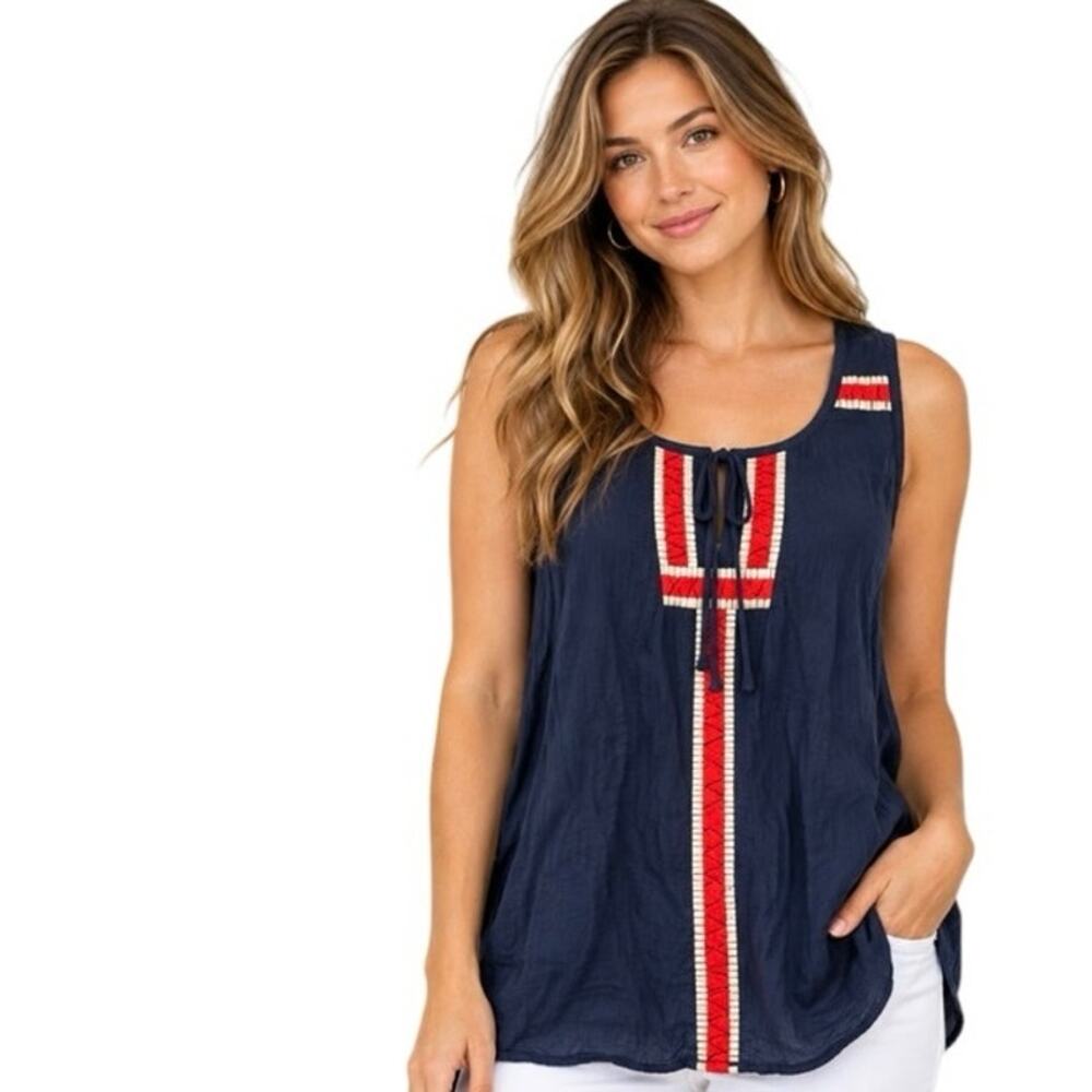 THML Navy Embroidered Sleeveless Tunic Top Red Cream Boho Blouse Size M
